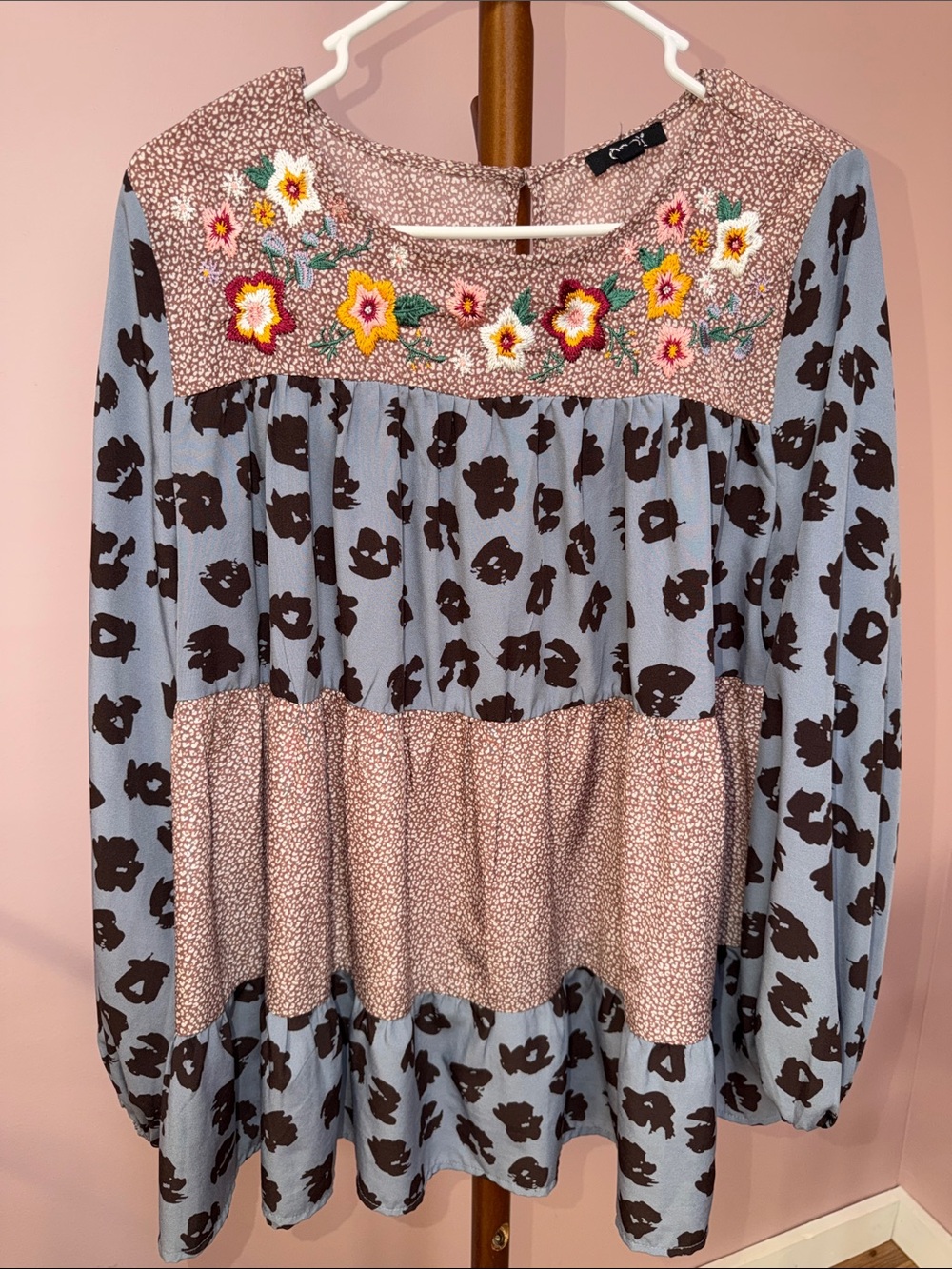 Embroidered Yoke Tiered Tunic Top - Light Blue & Brown